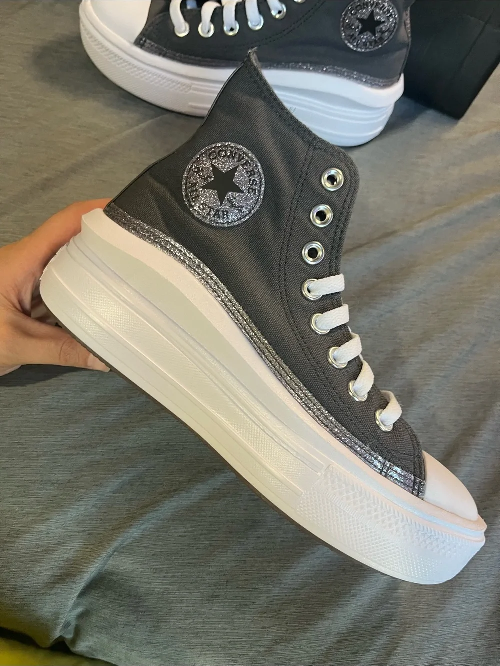 Converse High Top Platform Sneakers - Charcoal Gray & White silver glitter